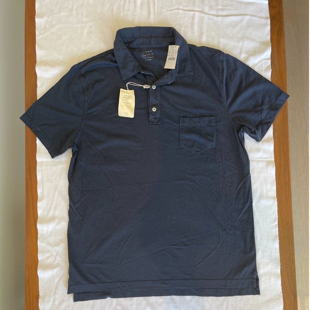 J Crew Men’s Navy blue. Antique Garment Dye short sleeve collar polo size L. NWT